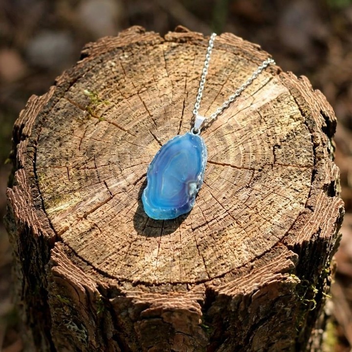Mavi Akik Taşı Dilim Kolye – Çelik Zincirli - 1
