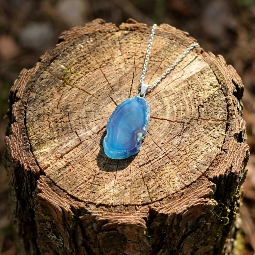 Mavi Akik Taşı Dilim Kolye – Çelik Zincirli