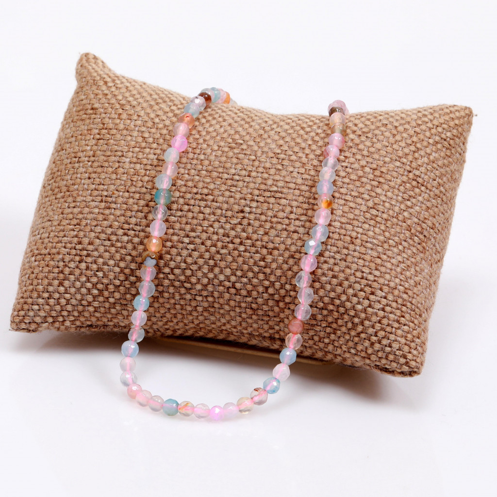 Mavi Pembe Akik Taşı Dizi Kolye - Çelik Aparatlı -  4 mm Faset Kesim