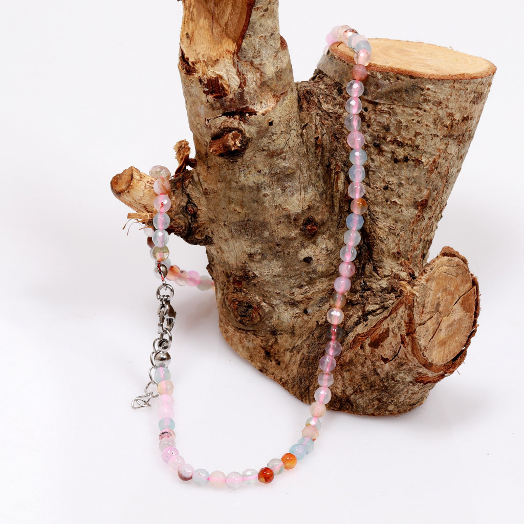 Mavi Pembe Akik Taşı Dizi Kolye - Çelik Aparatlı -  4 mm Faset Kesim