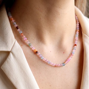 Mavi Pembe Akik Taşı Dizi Kolye - Çelik Aparatlı - 4 mm Faset Kesim - 1