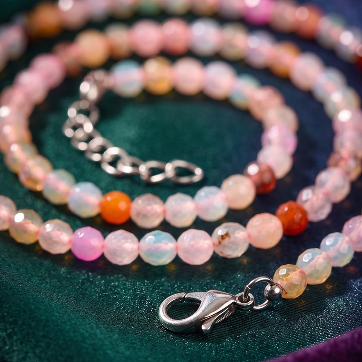 Mavi Pembe Akik Taşı Dizi Kolye - Çelik Aparatlı - 4 mm Faset Kesim