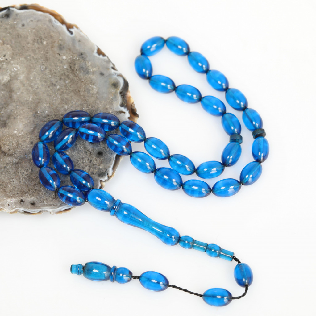 Mavi Renk Sıkma Kehibar Tesbih 7*11 mm Mavi Renk Sıkma Kehibar Tesbih 7*11 mm