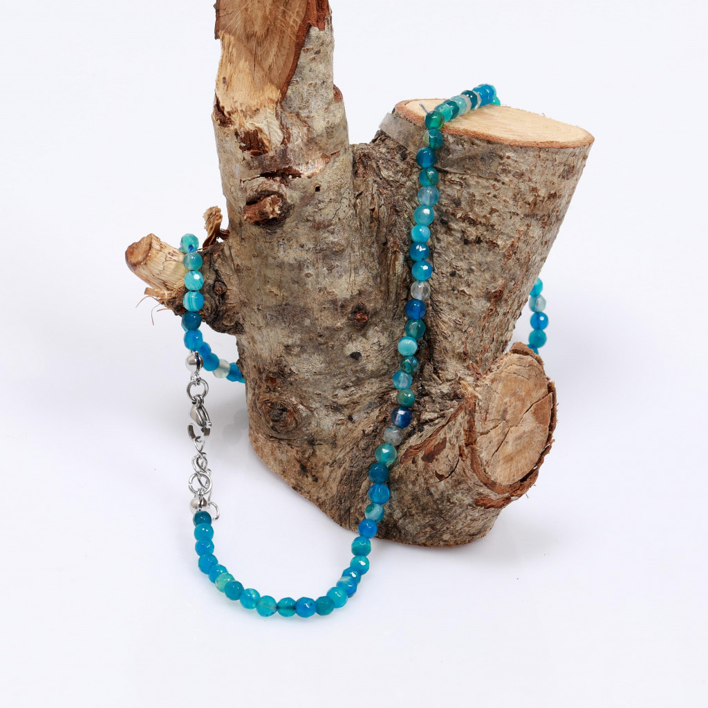 Mavi Renkli Akik Taşı Kolye - Çelik Aparatlı  4 mm Faset Kesim