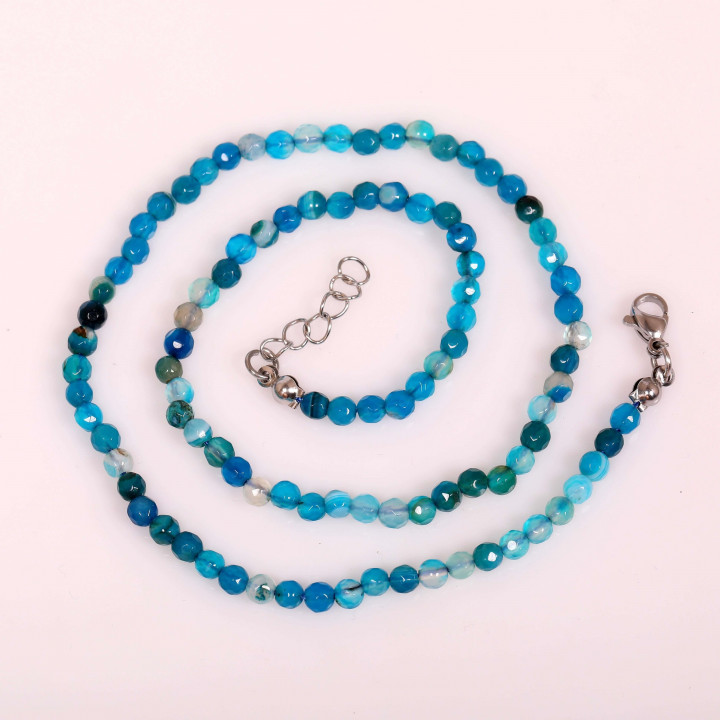 Mavi Renkli Akik Taşı Kolye - Çelik Aparatlı  4 mm Faset Kesim - 1