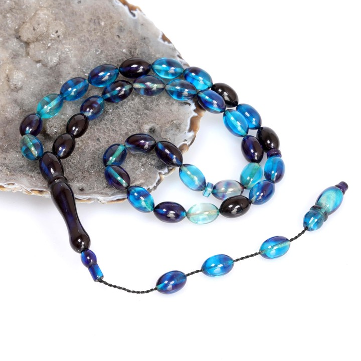 Mavi Siyah Sıkma Kehribar Tesbih 7*11 mm - 2