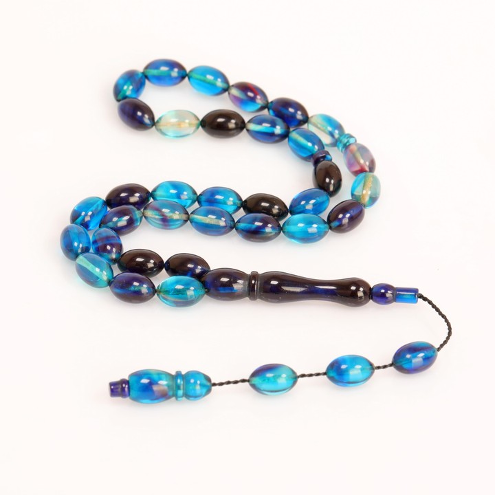 Mavi Siyah Sıkma Kehribar Tesbih 7*11 mm