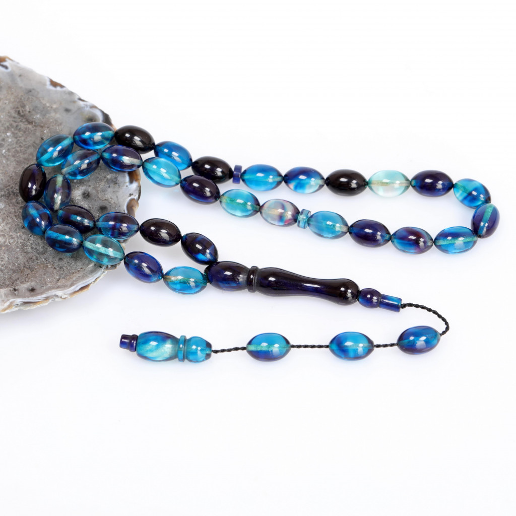 Mavi Siyah Sıkma Kehribar Tesbih 7*11 mm