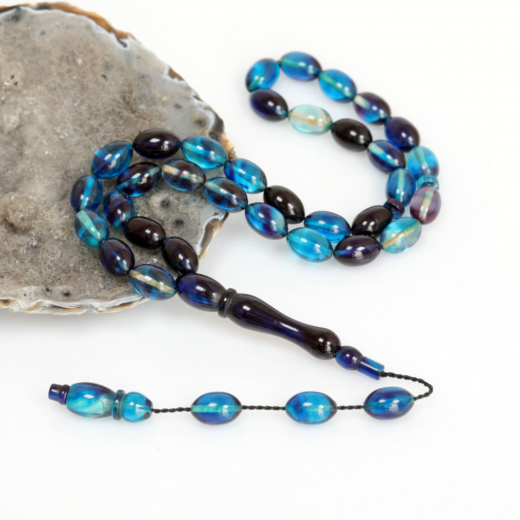 Mavi Siyah Sıkma Kehribar Tesbih 7*11 mm