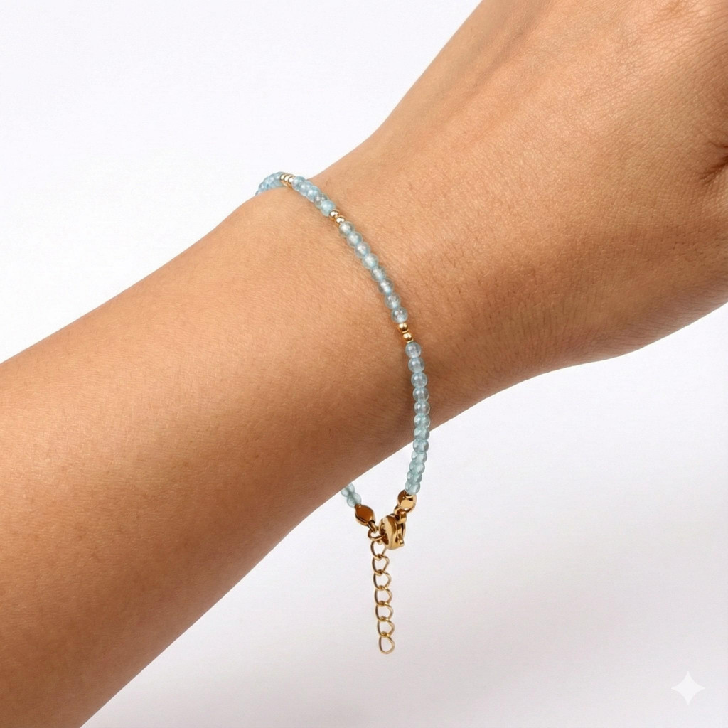 Mavi Topaz Taşı Çelik Bileklik 2mm - Altın Renkli - İnce bileklik