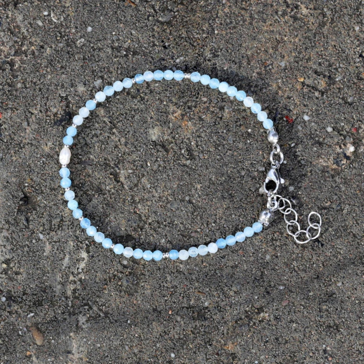 İncili Akuamarin Taşı Çelik Bileklik 3mm Faset Kesim - 2