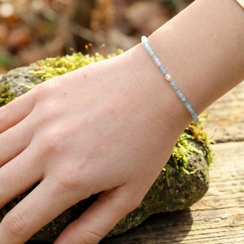 İncili Akuamarin Taşı Çelik Bileklik 3mm Faset Kesim