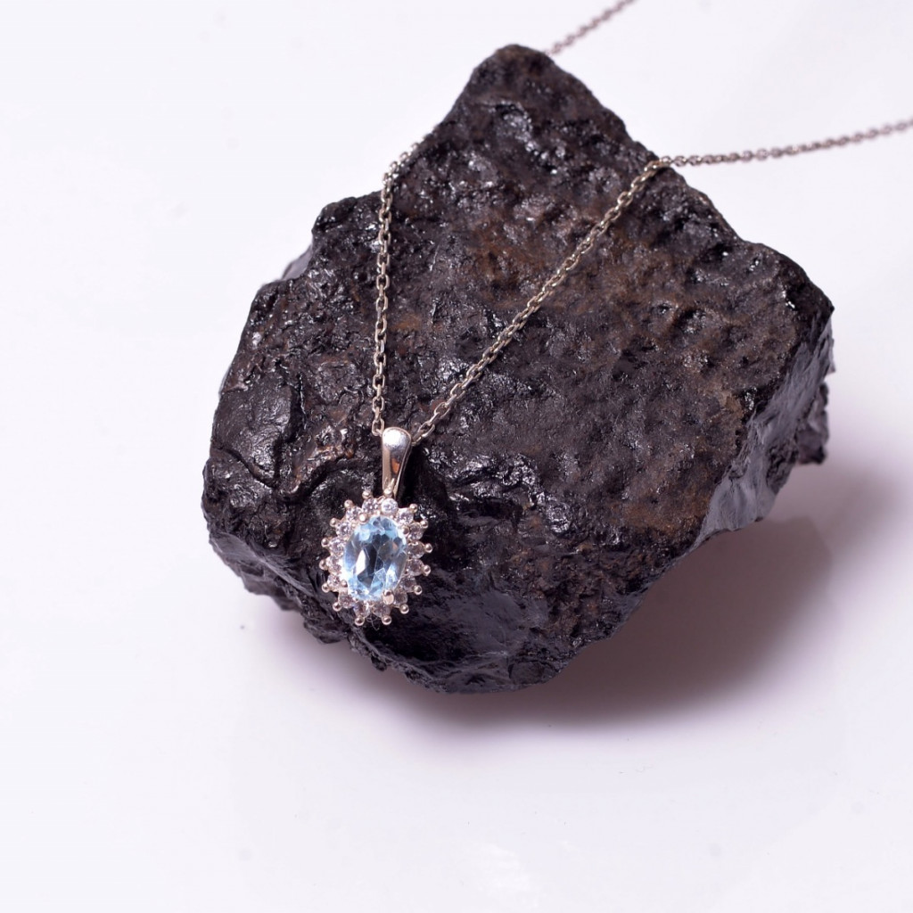 Mavi Topaz Taşı Gümüş Kolye - Anturaj Model