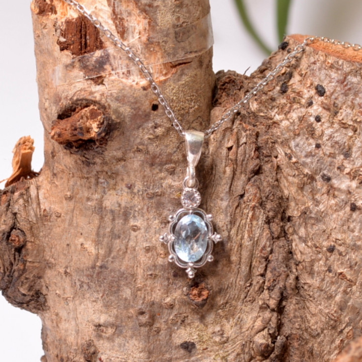 Mavi Topaz Taşı Gümüş Kolye - Cevher Model - 1