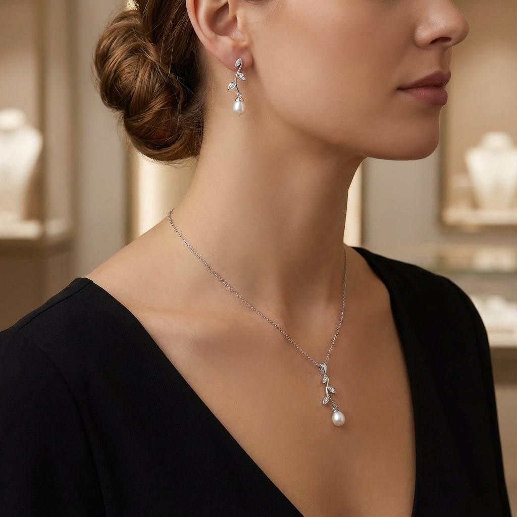 Müge Model Gümüş İnci Set - Gerçek İnci