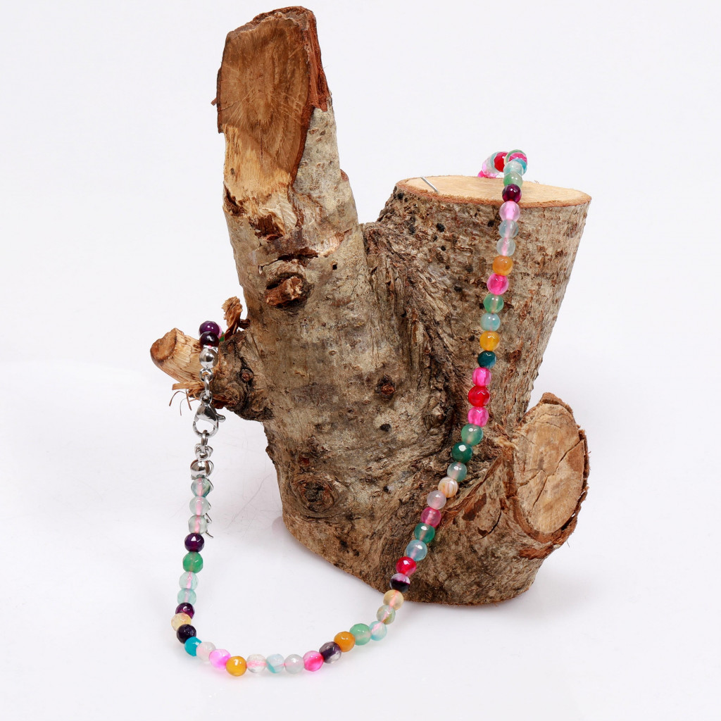 Multi Renk Akik Taşı Kolye - Çelik Aparatlı  4 mm Faset Kesim