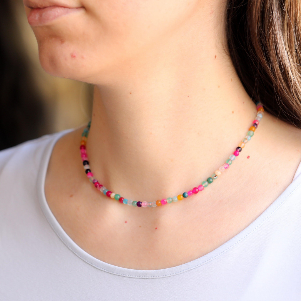 Multi Renk Akik Taşı Kolye - Çelik Aparatlı  4 mm Faset Kesim