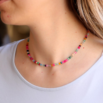 Multi Renk Akik Taşı Kolye - Çelik Aparatlı  4 mm Faset Kesim - 2