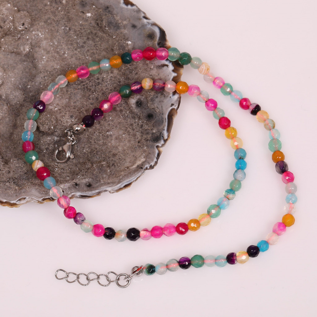 Multi Renk Akik Taşı Kolye - Çelik Aparatlı  4 mm Faset Kesim