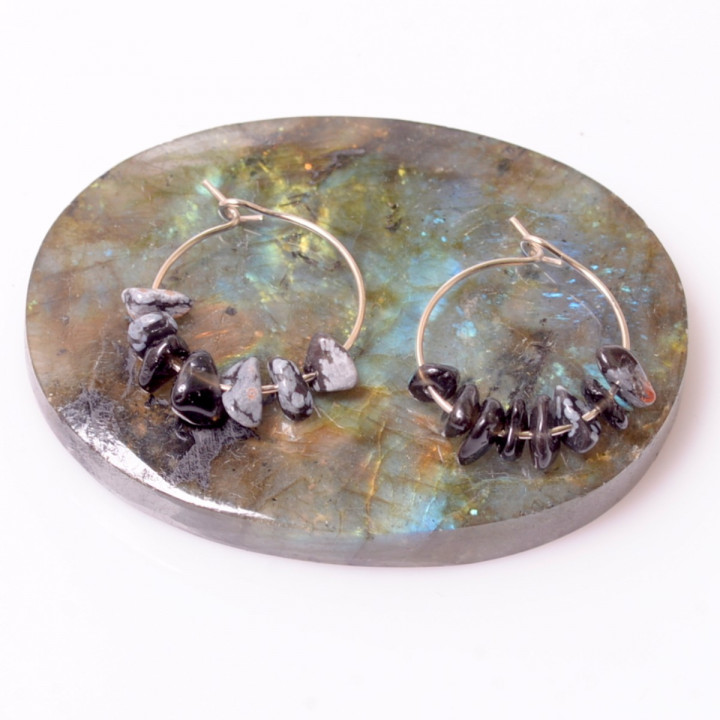 Obsidyen Taşı Çelik Halka Küpe - Kar Tanesi Obsidyen - 1