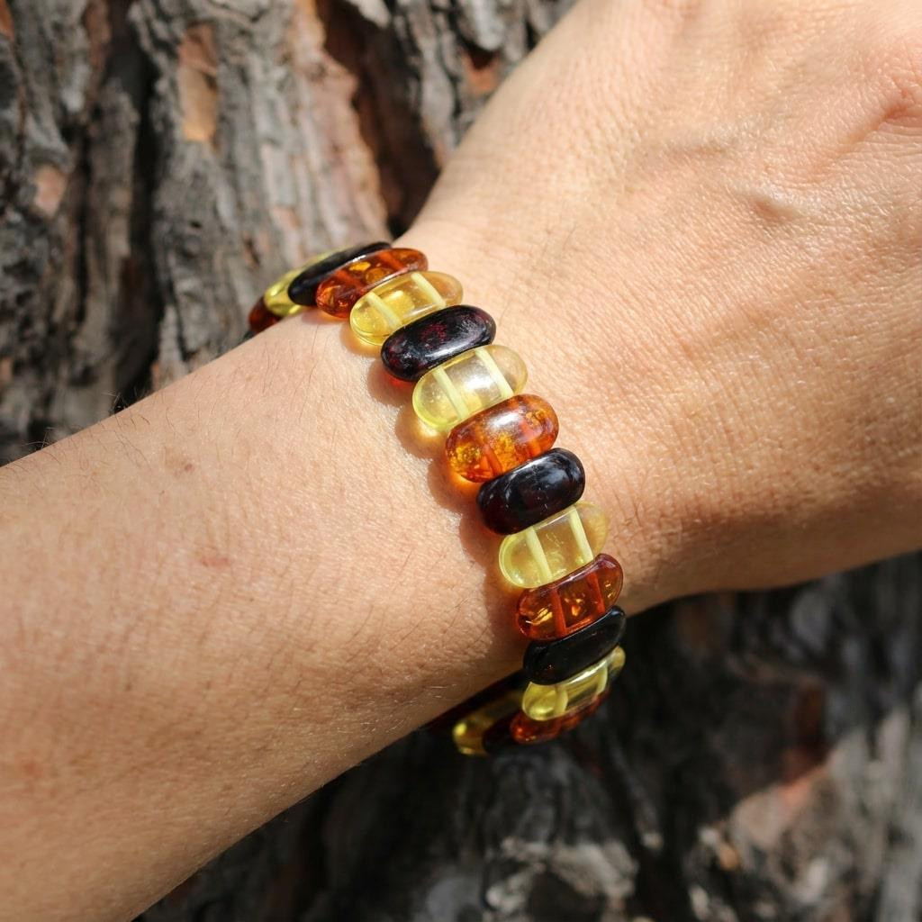 Oval Kesim Baltık Kehribar Bileklik – Doğal Gerçek Kehribar (Elastik) - Üç Renkli