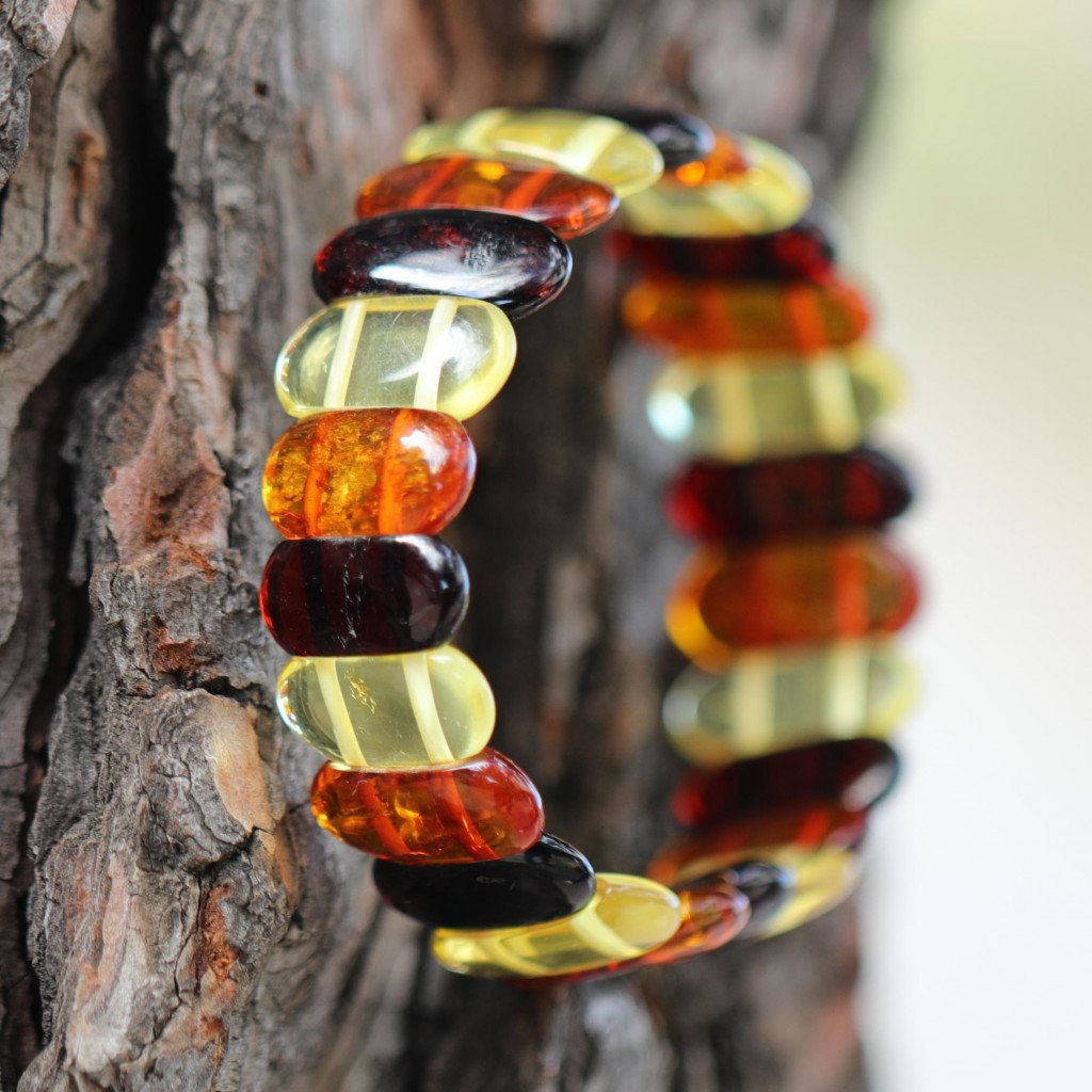 Oval Kesim Baltık Kehribar Bileklik – Doğal Gerçek Kehribar (Elastik) - Üç Renkli