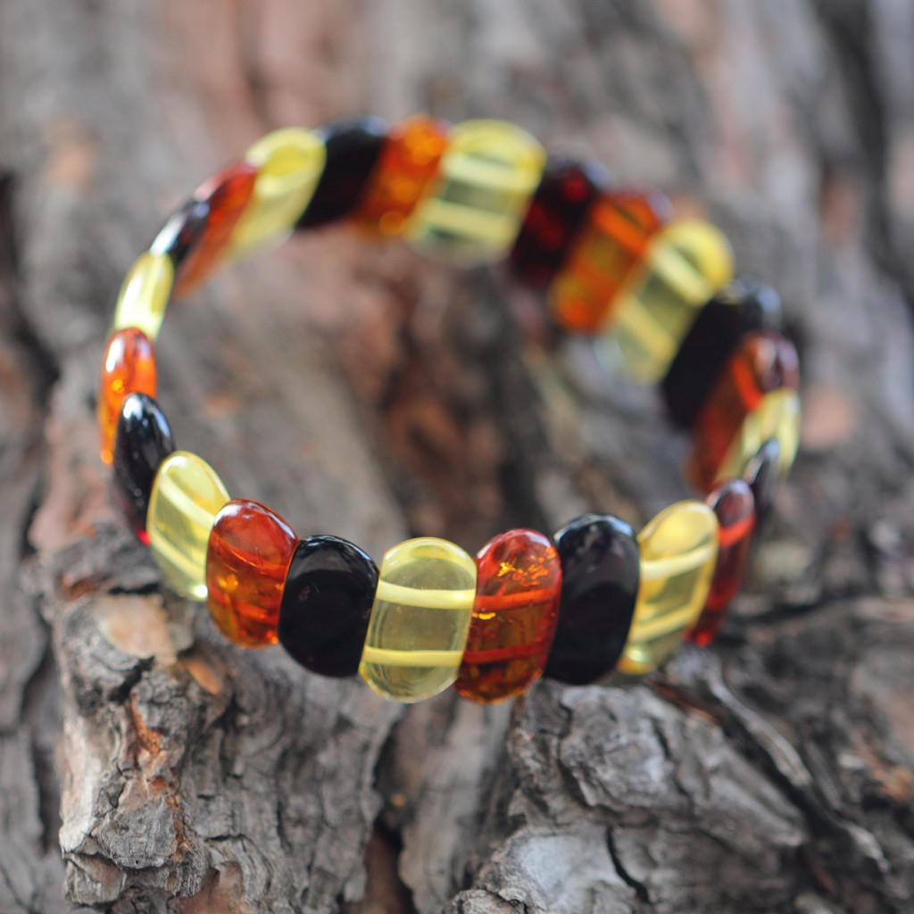 Oval Kesim Baltık Kehribar Bileklik – Doğal Gerçek Kehribar (Elastik) - Üç Renkli