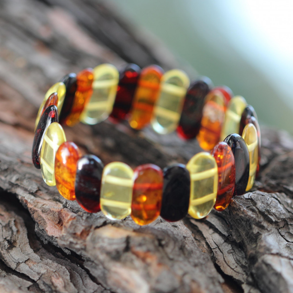 Oval Kesim Baltık Kehribar Bileklik – Doğal Gerçek Kehribar (Elastik) - Üç Renkli