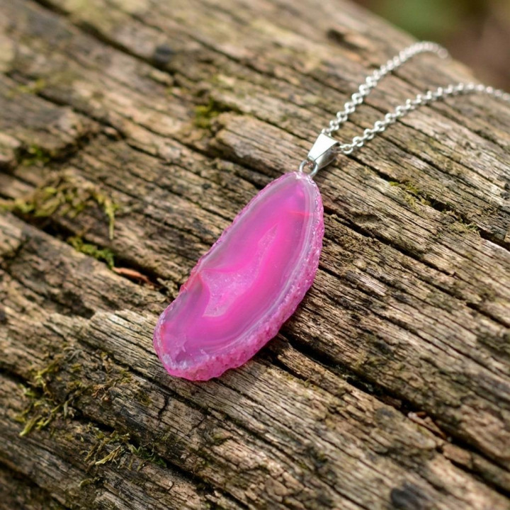 Pembe Akik Taşı Dilim Kolye – Çelik Zincirli - 1