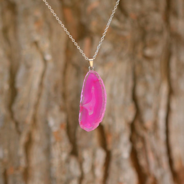 Pembe Akik Taşı Dilim Kolye – Çelik Zincirli - 2