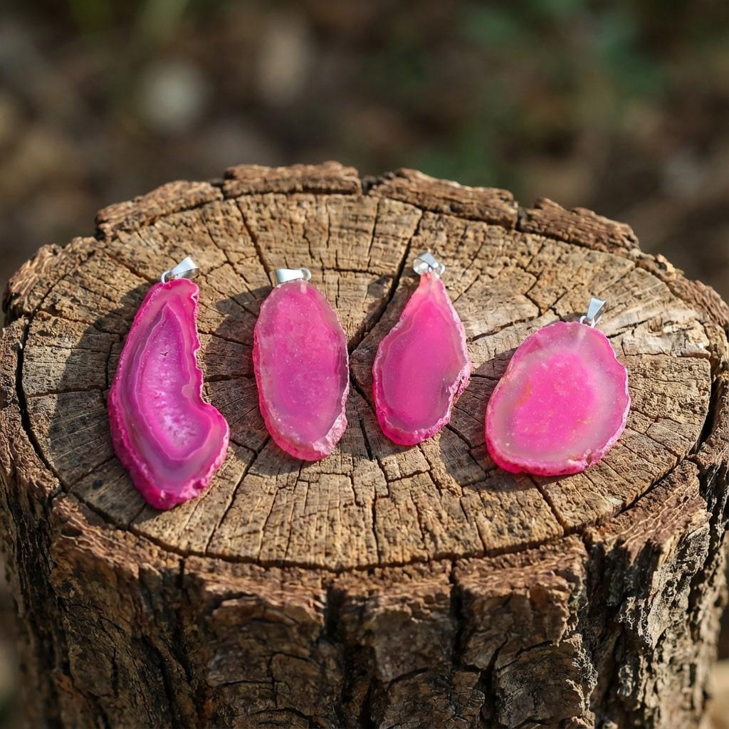 Pembe Akik Taşı Dilim Kolye – Çelik Zincirli