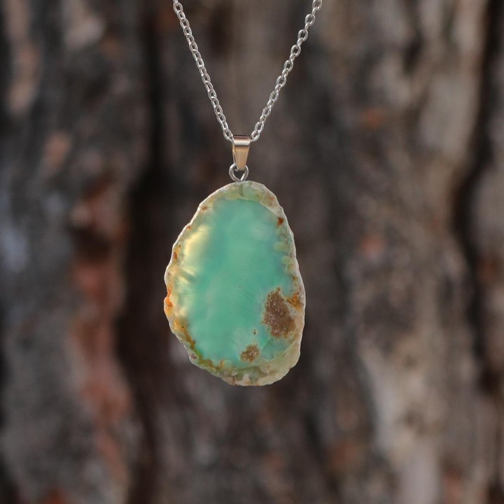 Yeşil Akik Taşı Dilim Kolye – Çelik Zincirli - 1