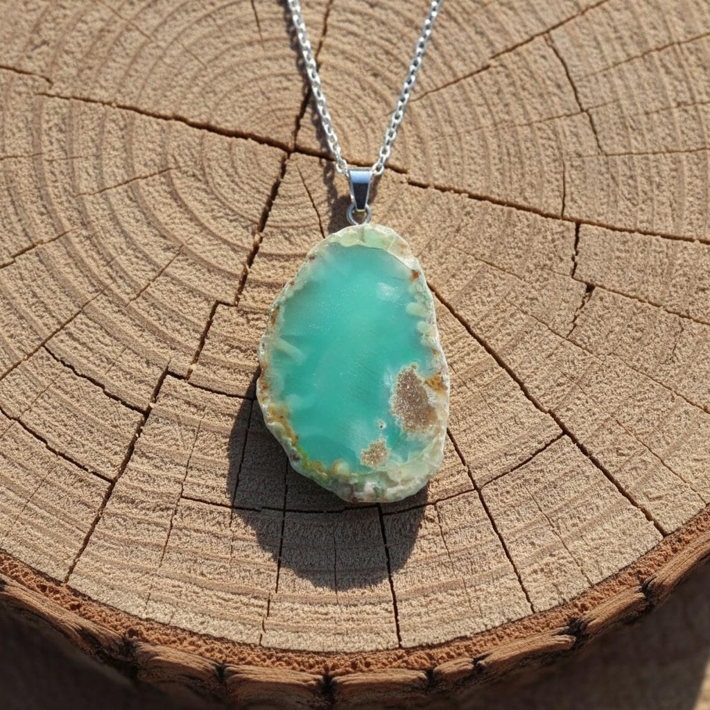 Yeşil Akik Taşı Dilim Kolye – Çelik Zincirli