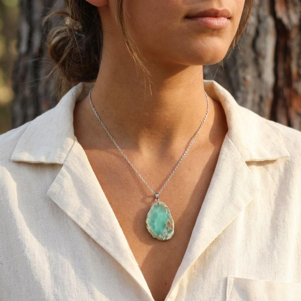 Yeşil Akik Taşı Dilim Kolye – Çelik Zincirli