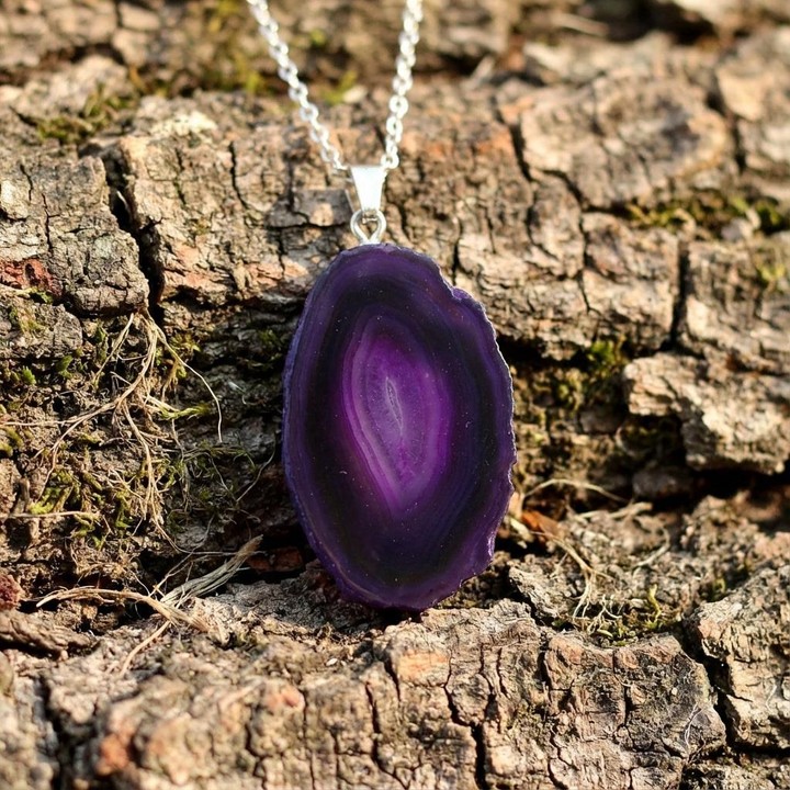 Mor Akik Taşı Dilim Kolye – Çelik Zincirli - 1