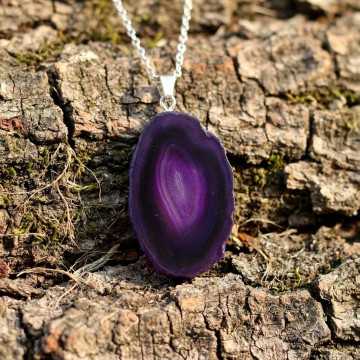 Mor Akik Taşı Dilim Kolye – Çelik Zincirli