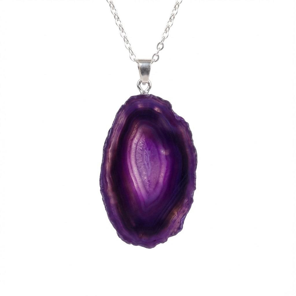 Mor Akik Taşı Dilim Kolye – Çelik Zincirli