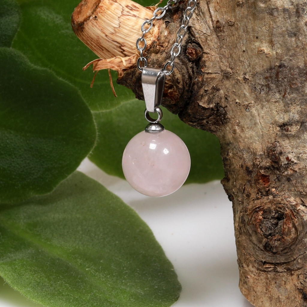 Pembe Kuvars Çelik Taşı Kolye - 10 mm