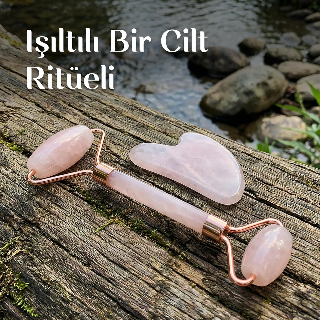 Pembe Kuvars Gua Sha ve Roller Masaj Taşı Seti