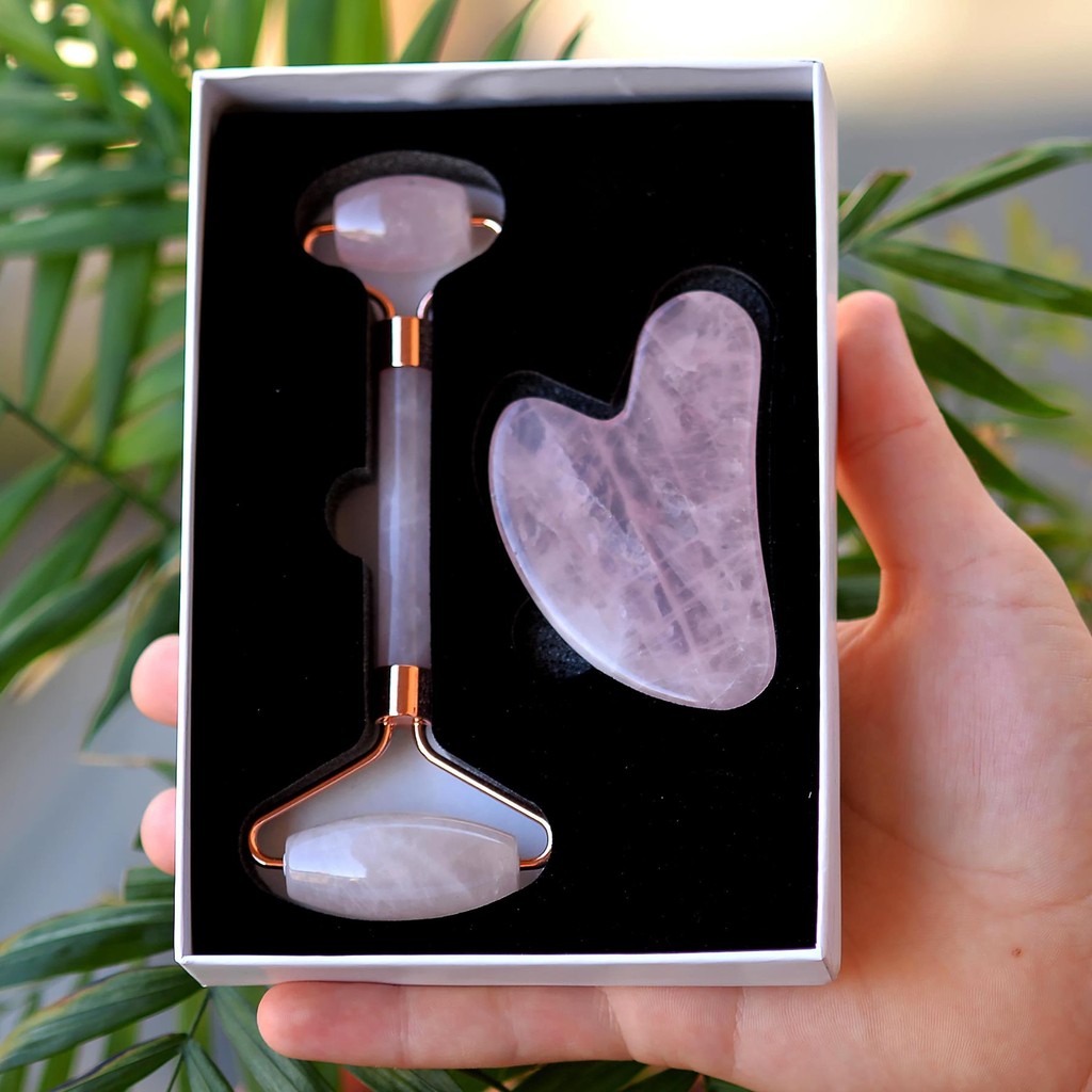 Pembe Kuvars Gua Sha ve Roller Masaj Taşı Seti