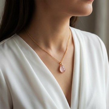 Pembe Kuvars Taşı Damla Kolye Altın Renkli - Küçük Boy - 2