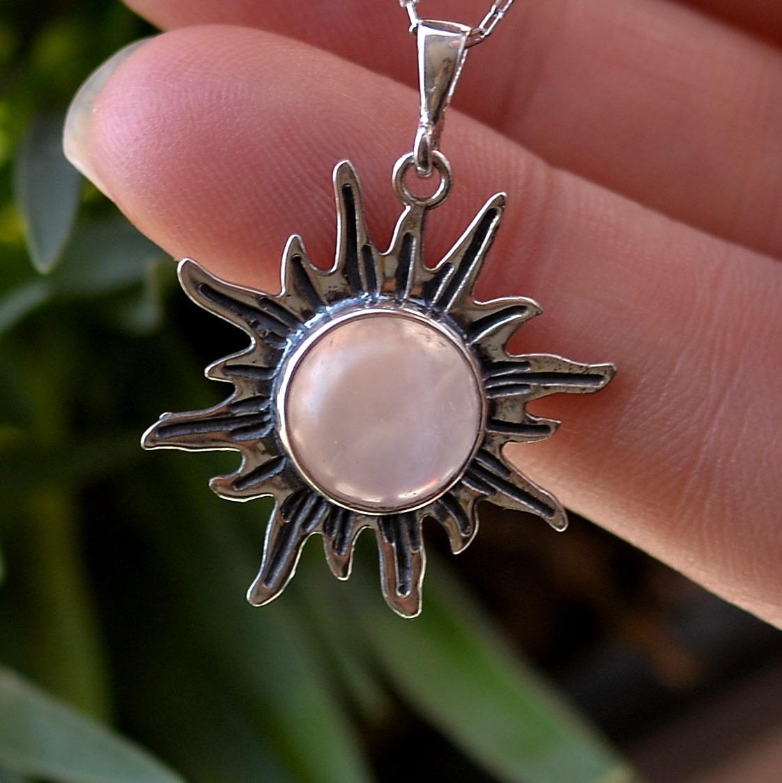 Pink Quartz Stone Silver Necklace Sun Şeklinde