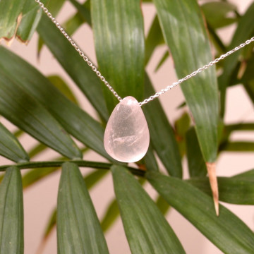 Pembe Kuvars Taşı Gümüş Zincirli Kolye - 2