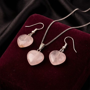 Pembe Kuvars Taşı Kalp Şeklinde Set - Küçük Boy - 1