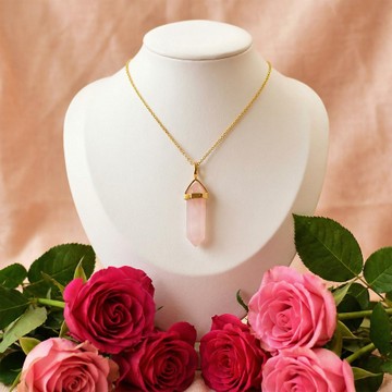 Pembe Kuvars Taşı Kazık Kolye - Altın Renkli
