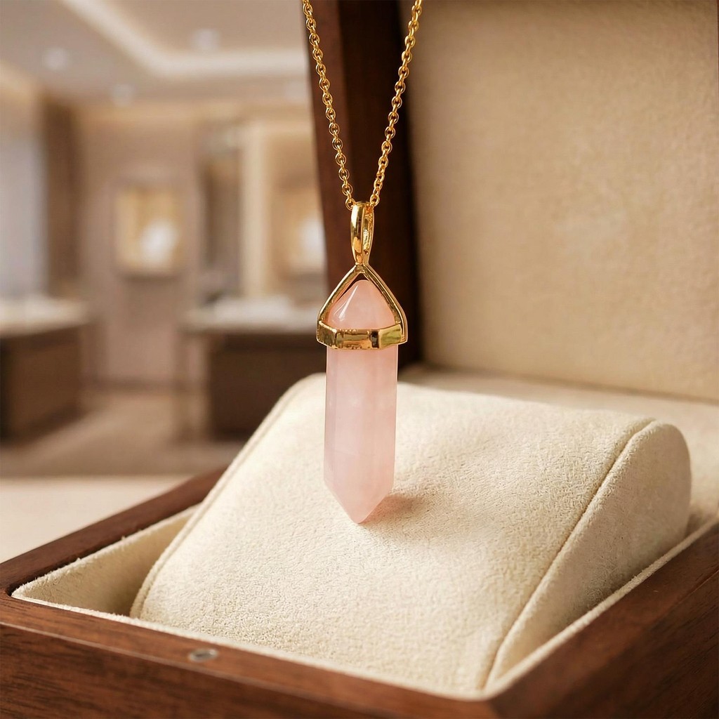 Pembe Kuvars Taşı Kazık Kolye - Altın Renkli