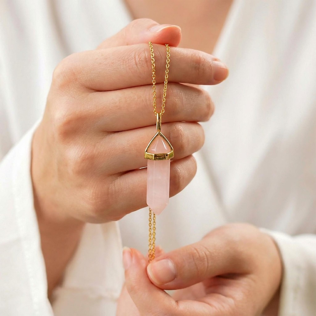 Pembe Kuvars Taşı Kazık Kolye - Altın Renkli