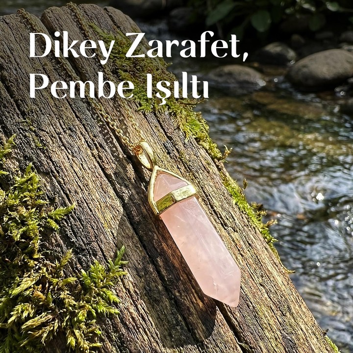 Pembe Kuvars Taşı Kazık Kolye - Altın Renkli