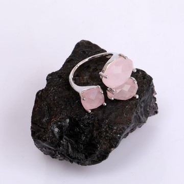 Pembe Kuvars Taşı Üçlü Yüzük - Üç Taşlı Yüzük - 2