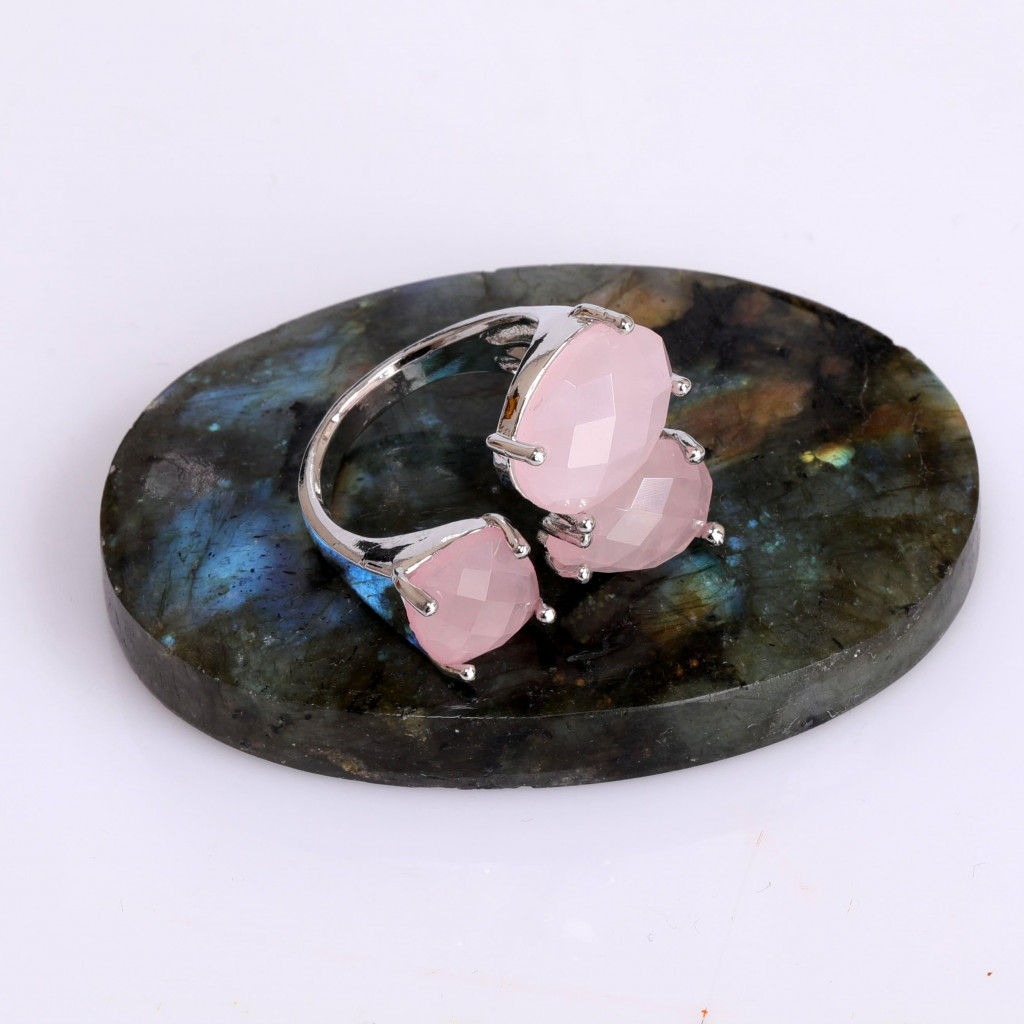 Pembe Kuvars Taşı Üçlü Yüzük - Üç Taşlı Yüzük Pembe Kuvars Taşı Üçlü Yüzük - Üç Taşlı Yüzük